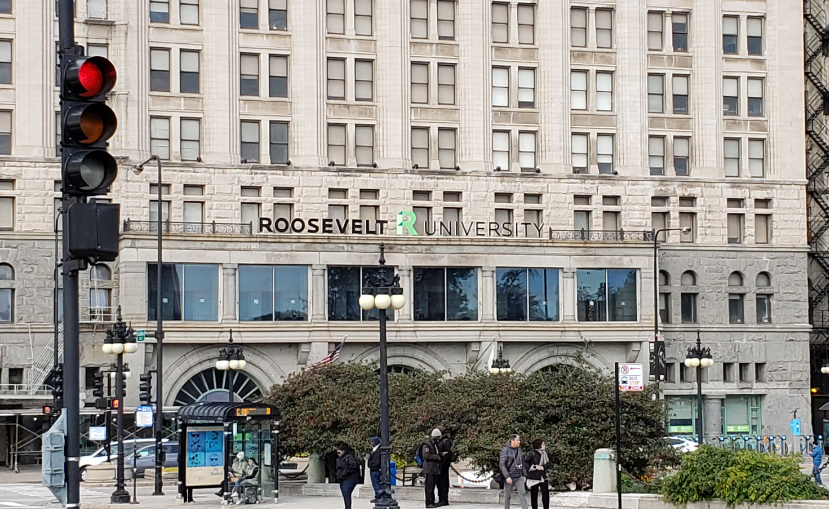 Roosevelt University sign with new letter T in place.